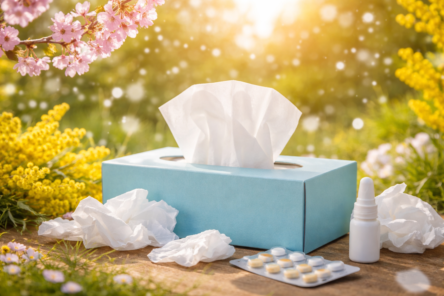 花粉が舞う春にティッシュや薬が置かれた花粉症対策イメージ