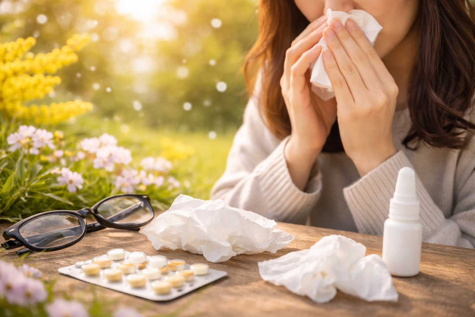 花粉症で鼻をかむ女性と薬やティッシュが置かれた春のイメージ
