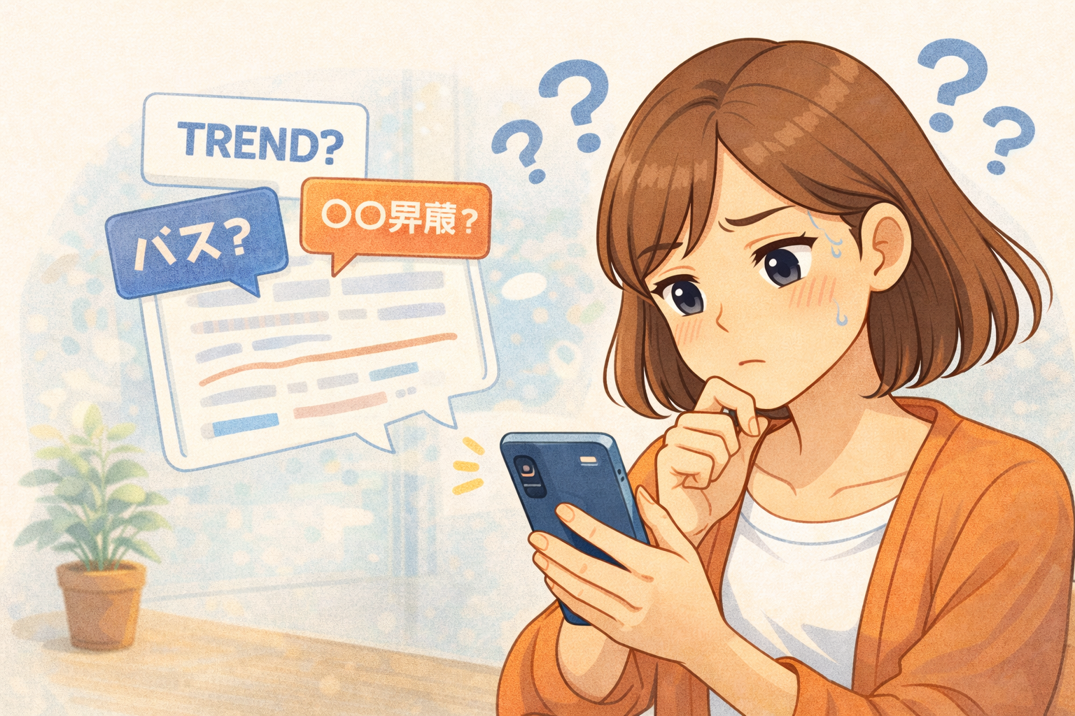 ニュースやSNSの言葉が分からず疑問に思っている人のイメージ