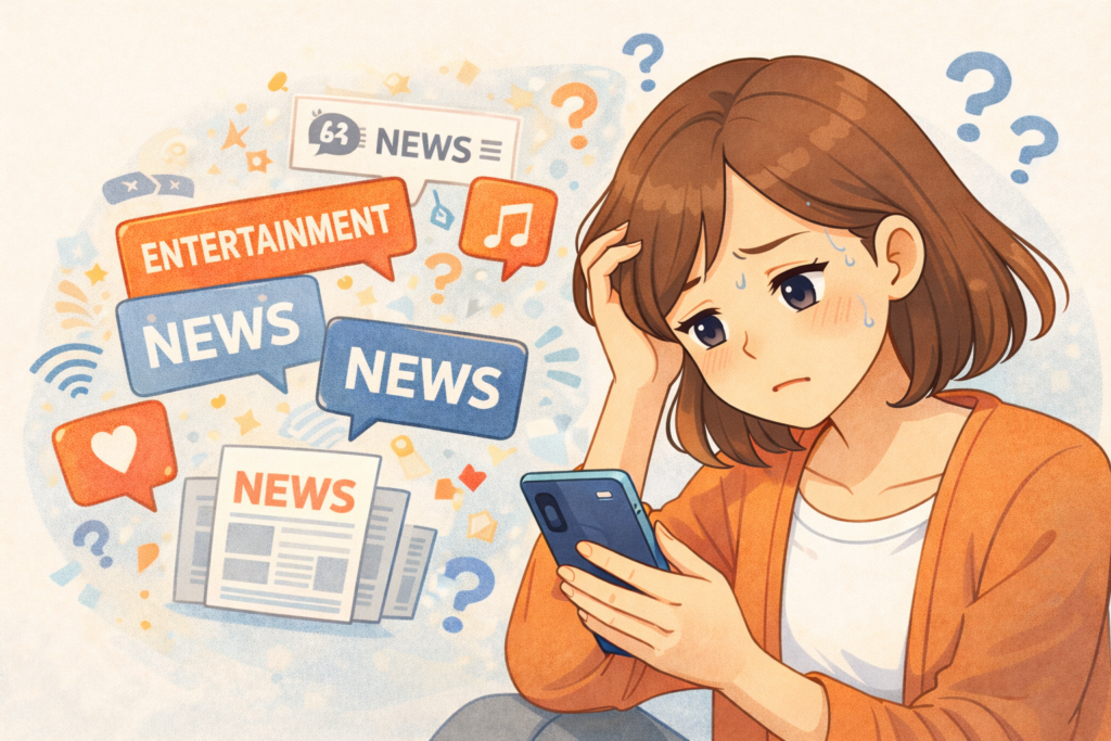 エンタメニュースが多すぎて何を見ればいいか迷っているイメージ