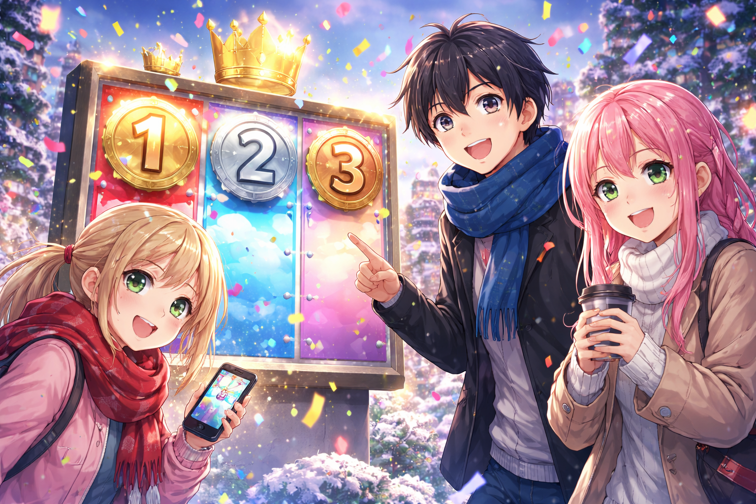 冬アニメランキングをイメージした表彰ボードとアニメ風キャラクターのイラスト