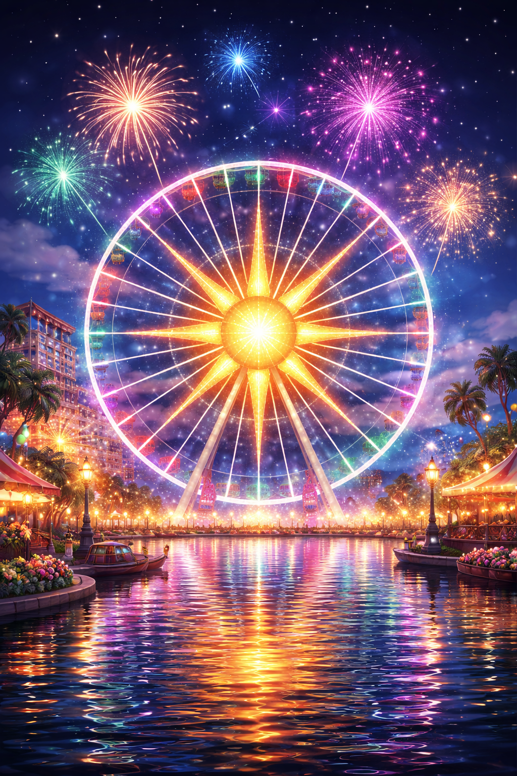 夜のテーマパークでライトアップされたカラフルな観覧車と水面に映る幻想的な景色