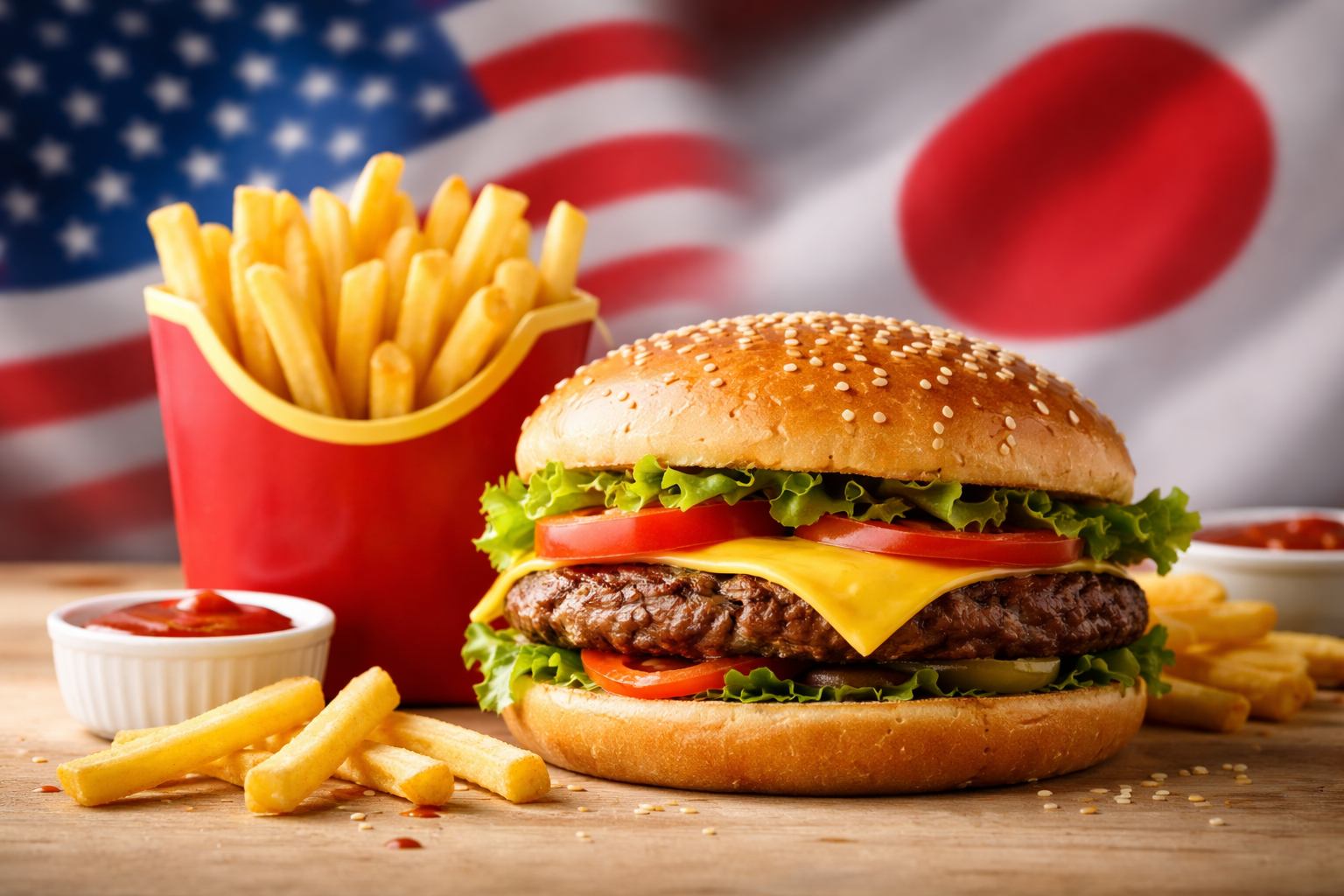 ハンバーガーとポテトのイメージ写真。日本とアメリカ市場を象徴する背景で、ファストフード人気を表現