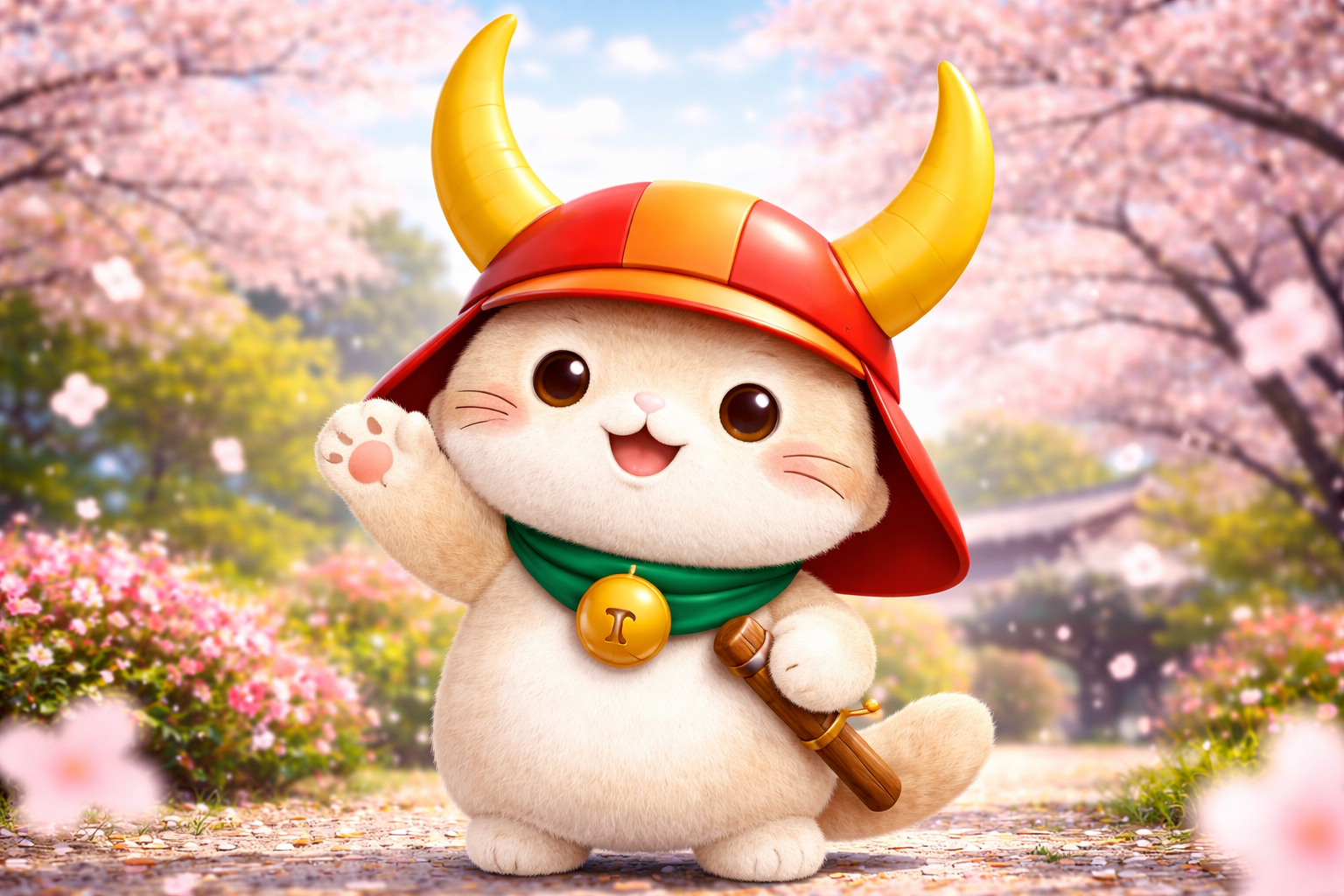春の桜の中で兜をかぶったオリジナルの猫ゆるキャライメージ