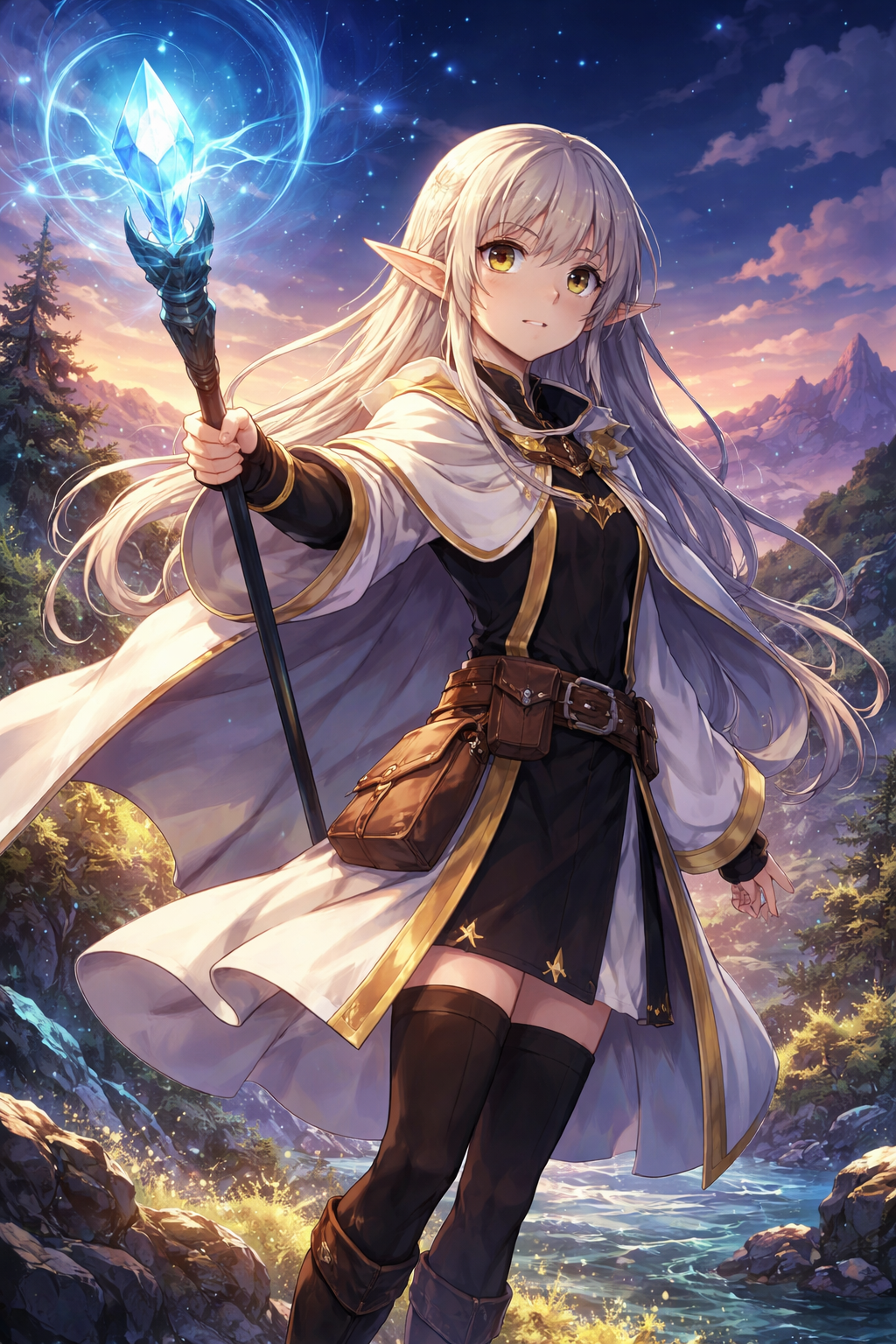 葬送のフリーレン風のエルフ魔法使いが夕暮れの自然の中で魔法を放つイメージビジュアル