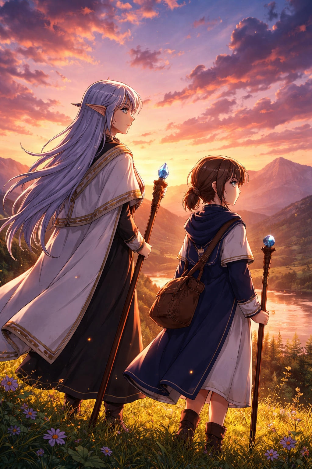 葬送のフリーレンをイメージしたエルフの魔法使いと少女が夕焼けの丘から景色を眺める幻想的なイラスト