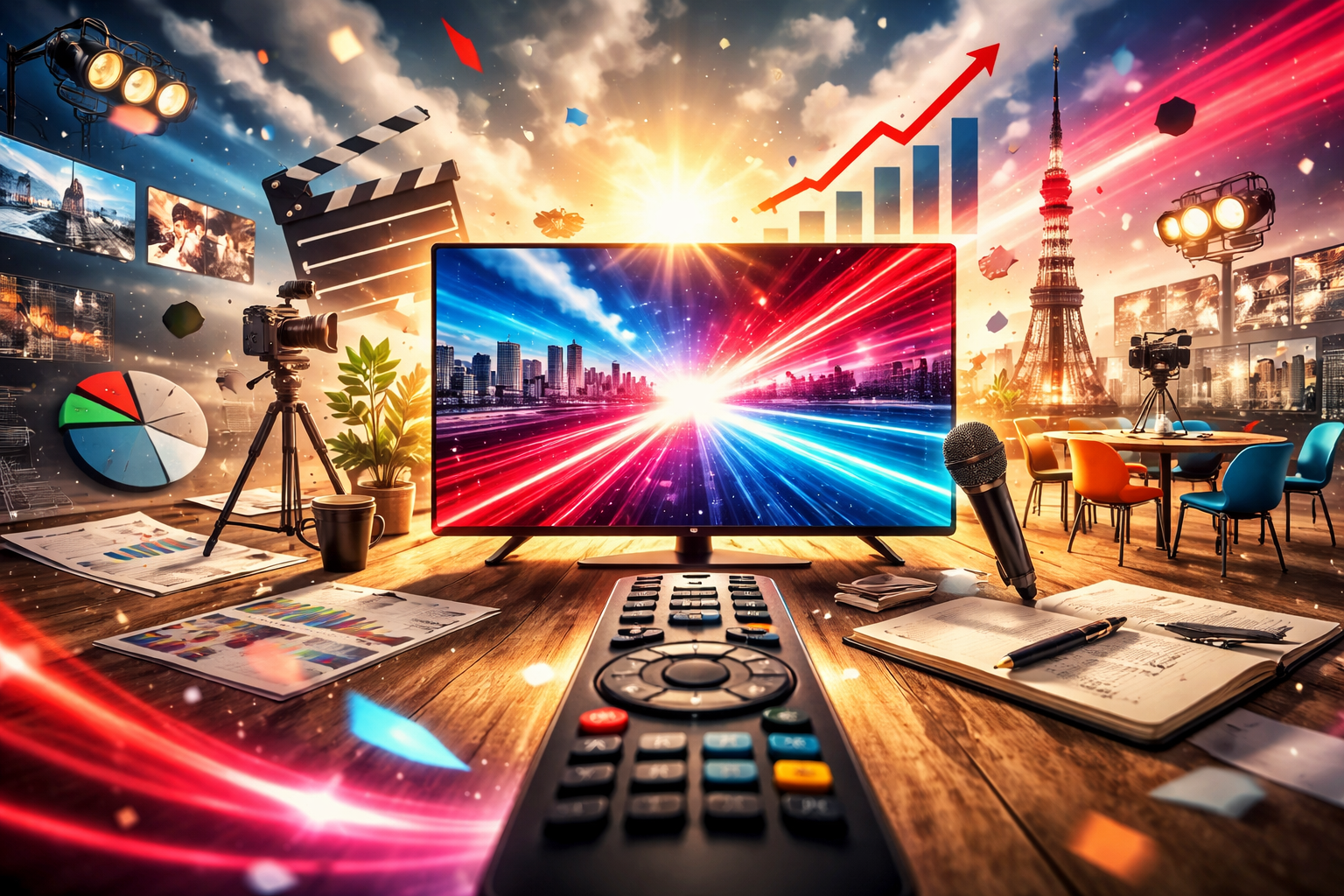 テレビ番組改編をイメージしたモニターと映像コンテンツが広がるダイナミックなビジュアル