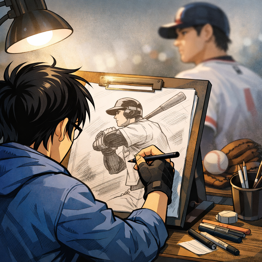 コナン作者をイメージした漫画家が野球選手のイラストを描いているイメージ画像