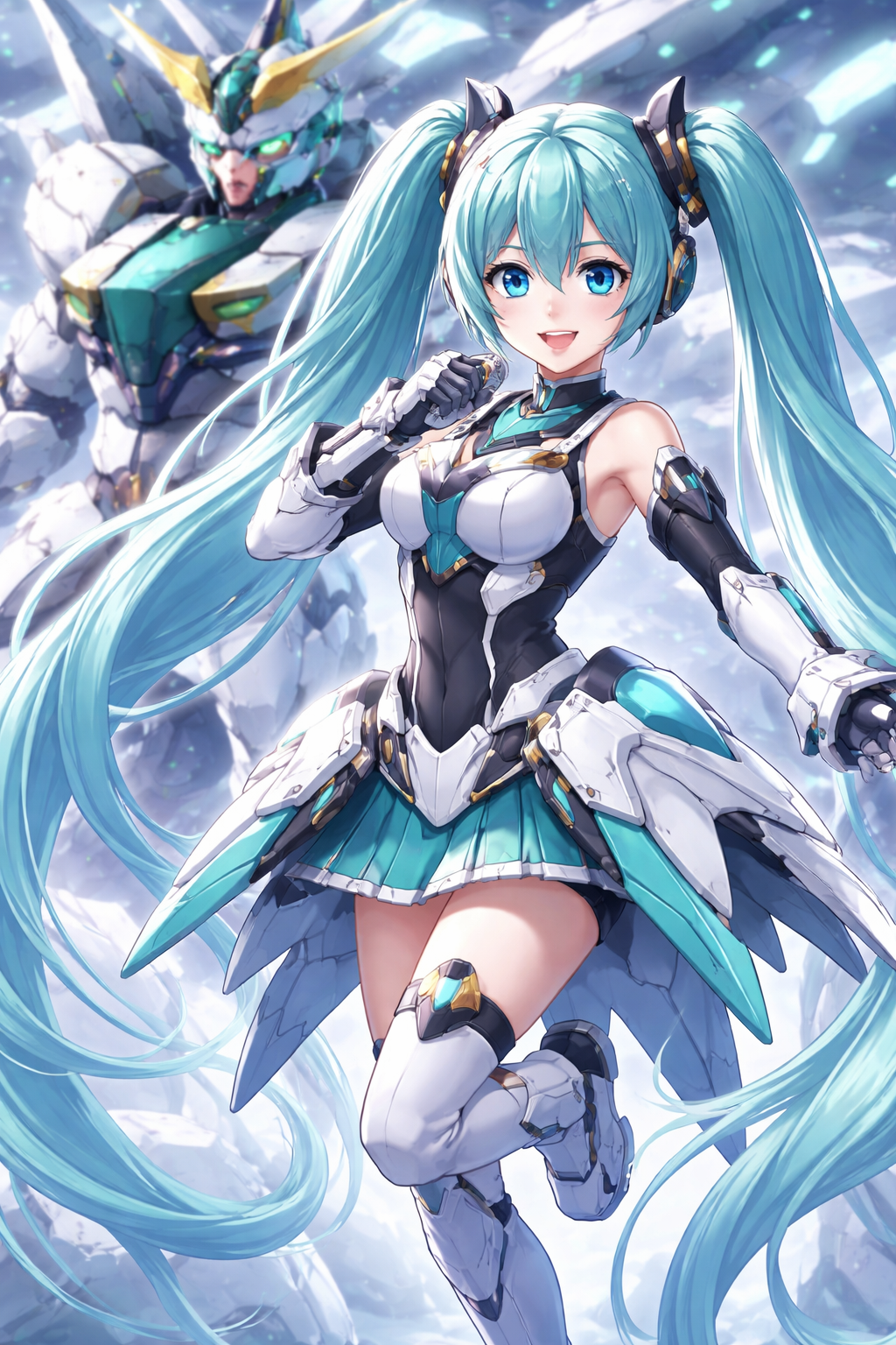 ガンダム風メカ衣装のツインテール少女と巨大ロボットのコラボ風イラスト