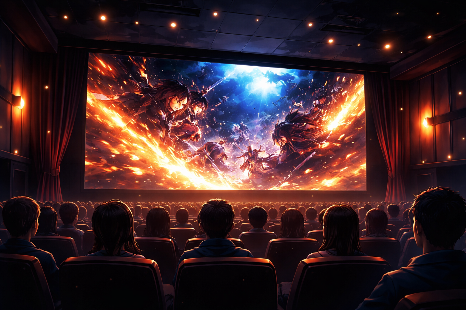 劇場版アニメを映画館で鑑賞する観客と大迫力バトルシーンのイメージビジュアル
