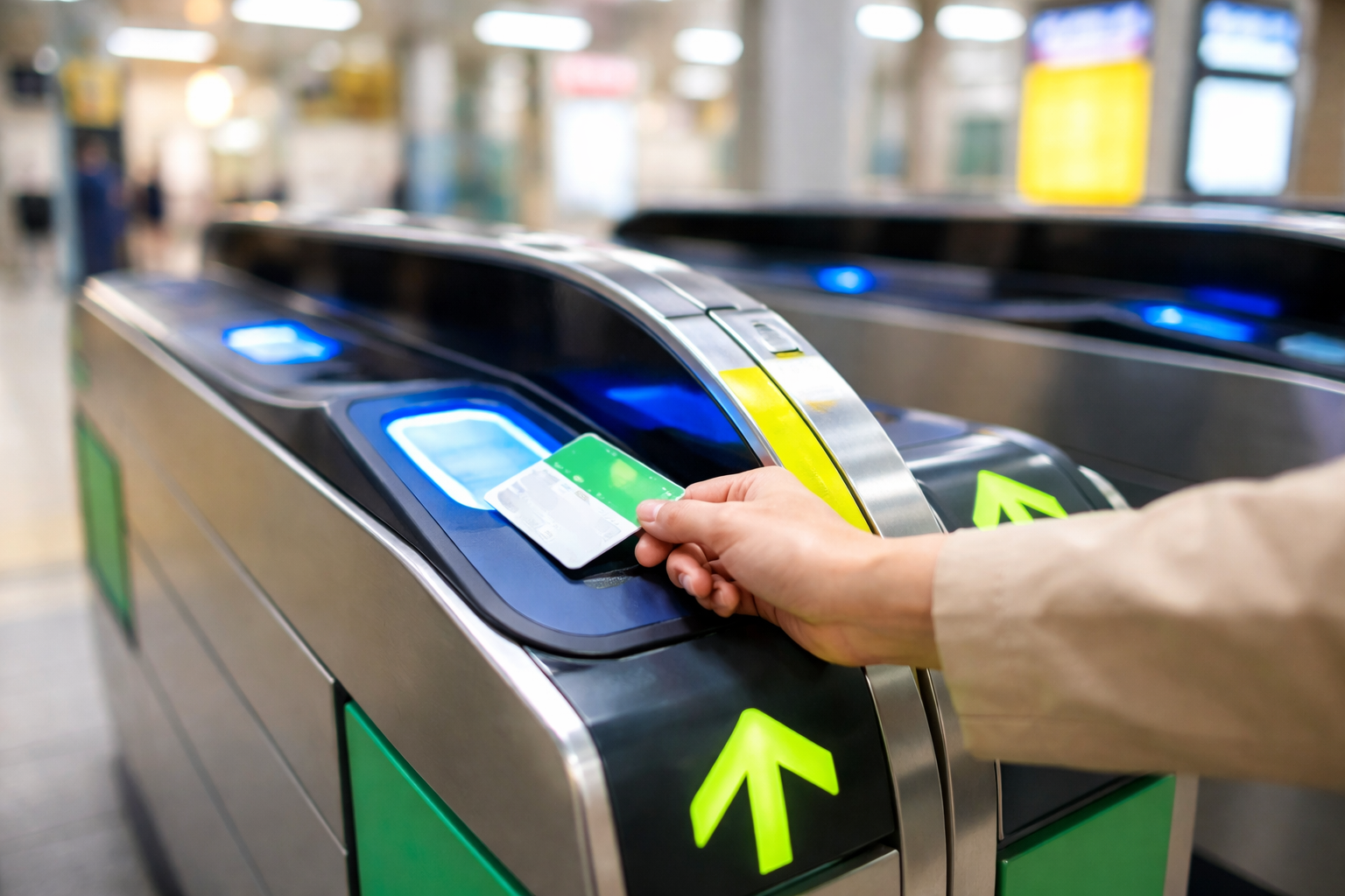 交通系ICカードを使って駅の自動改札をタッチしている様子