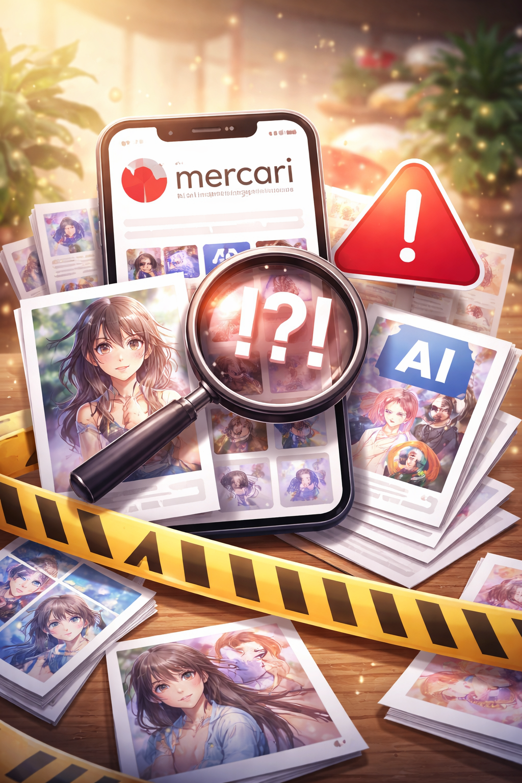 フリマアプリでAI生成画像の出品に注意が必要な様子を表現したスマートフォンとイラストのビジュアル