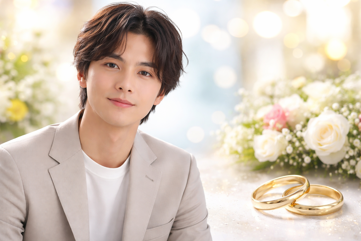 結婚をイメージした指輪と花束を背景にした若手俳優風男性のポートレート