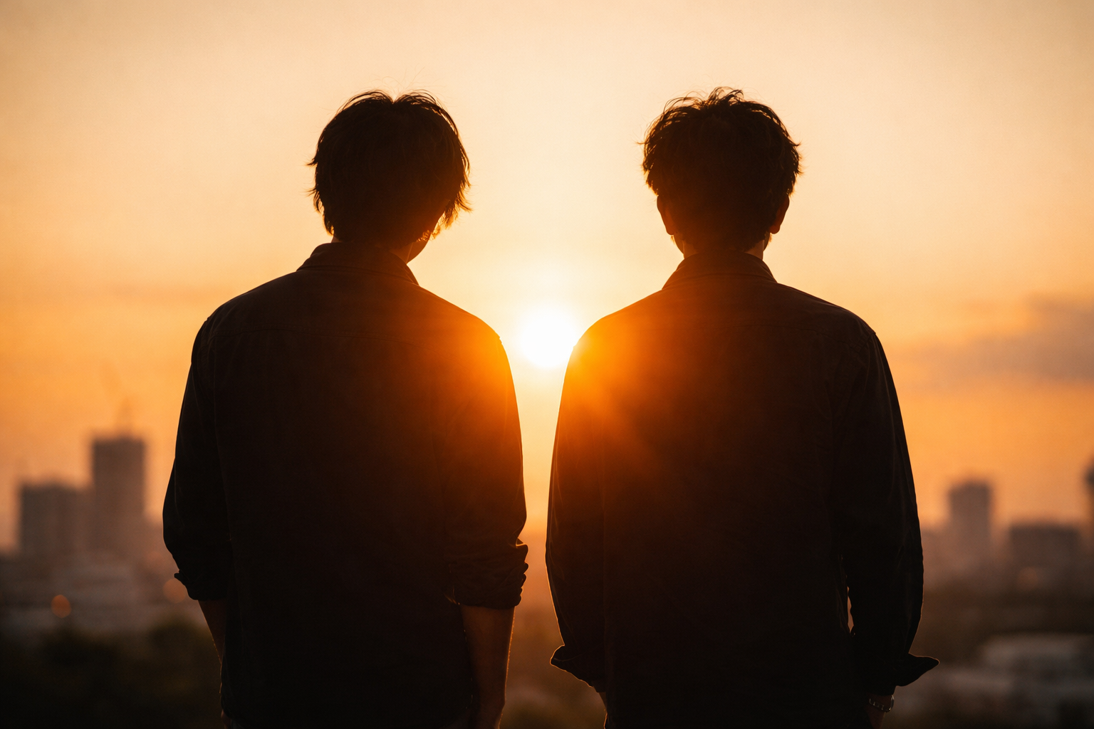 夕焼けを背景に並んで立つ2人の男性のシルエット（兄弟イメージ・ドラマ風ビジュアル）