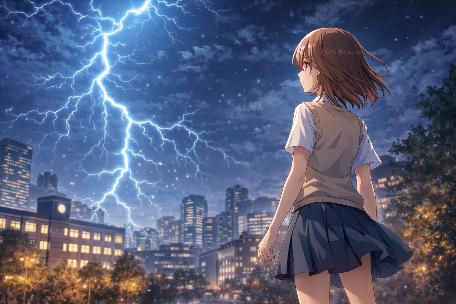 青空の下、未来都市を背景に制服姿の女子高生4人が笑顔で並ぶイラスト