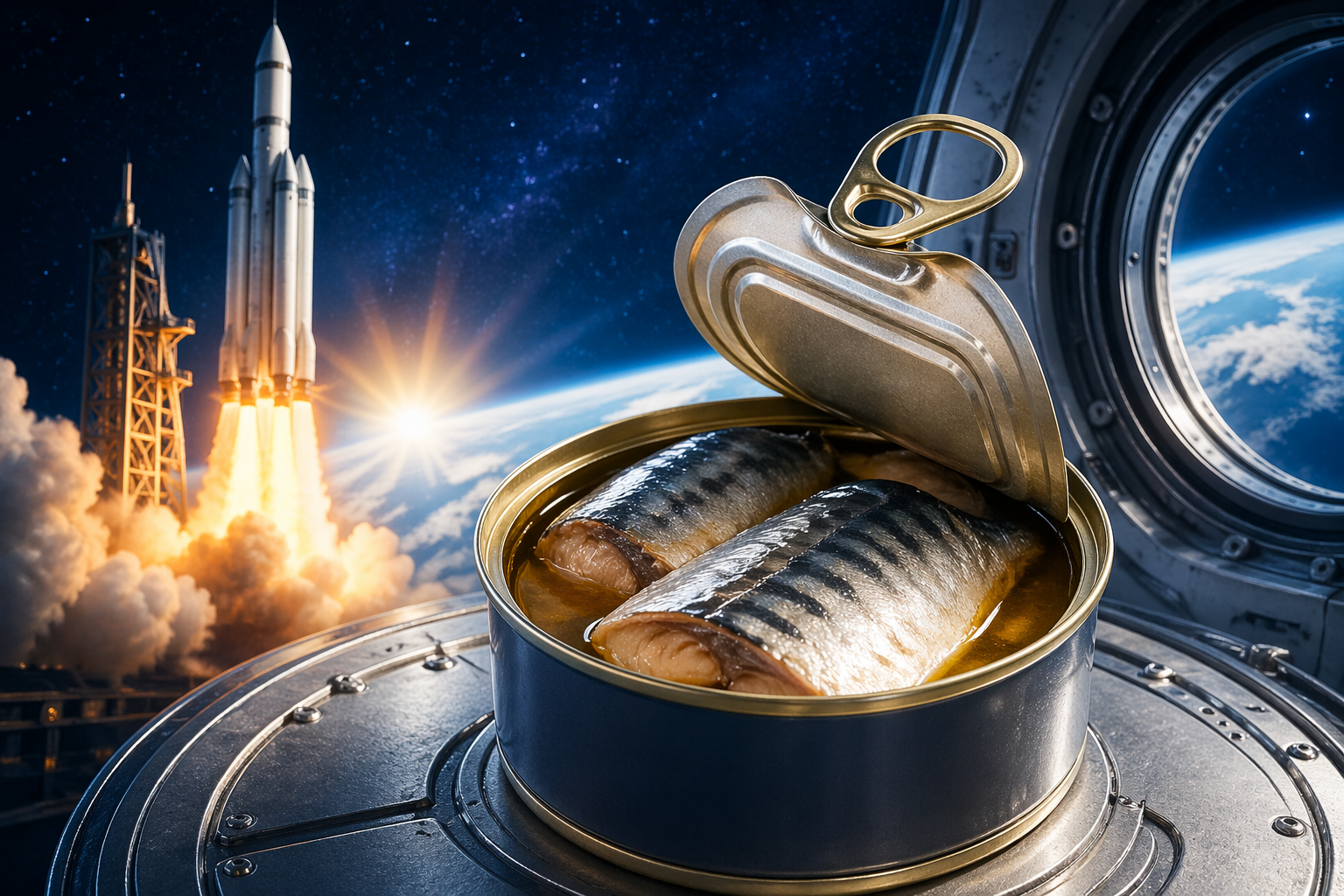 宇宙空間とロケットを背景にしたサバ缶のイメージビジュアル