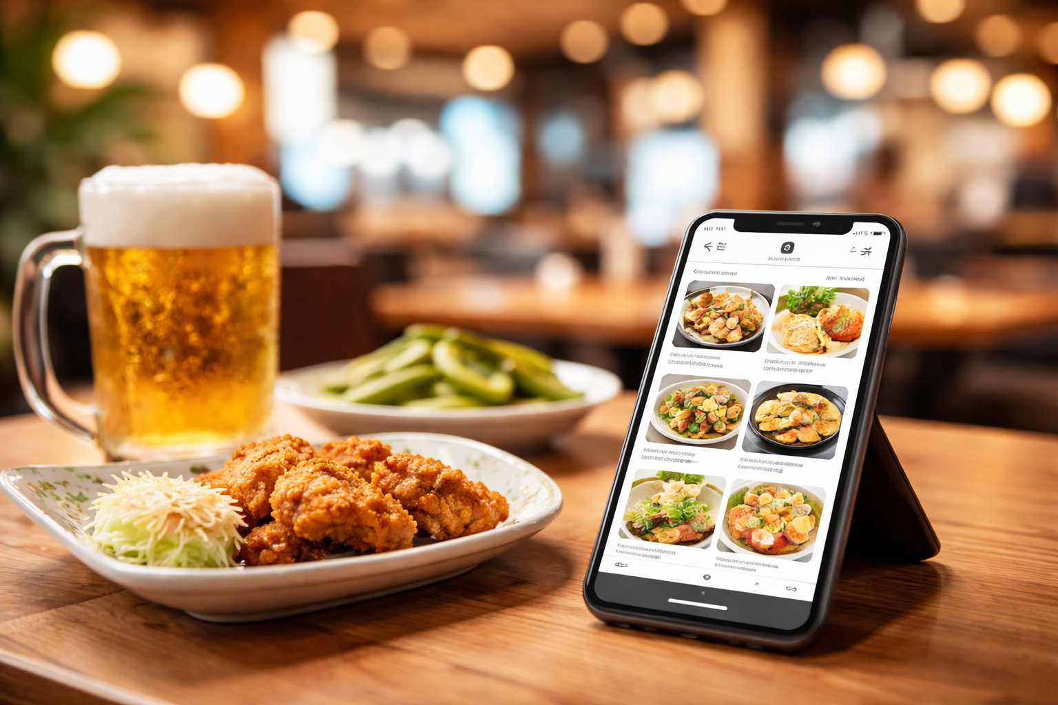 飲食店でスマホオーダーを利用しながら料理とビールを楽しむ店内の様子