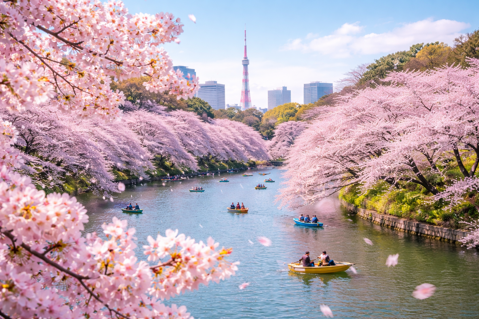 2026年の東京で満開の桜が川沿いに咲き誇る春の風景（お花見イメージ）