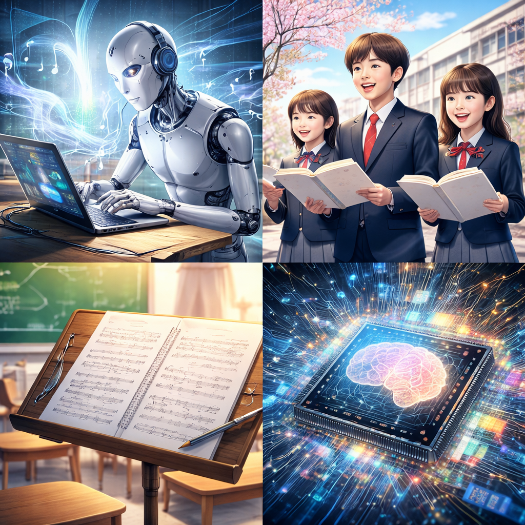 AIが音楽制作を行い学生が校歌を歌う様子を表現したイメージビジュアル
