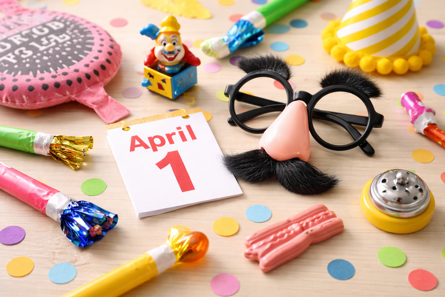 エイプリルフールのジョークグッズと4月1日のイメージ写真