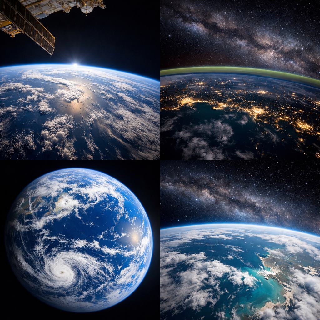 宇宙から見た青い地球と雲や夜景が広がる美しい光景