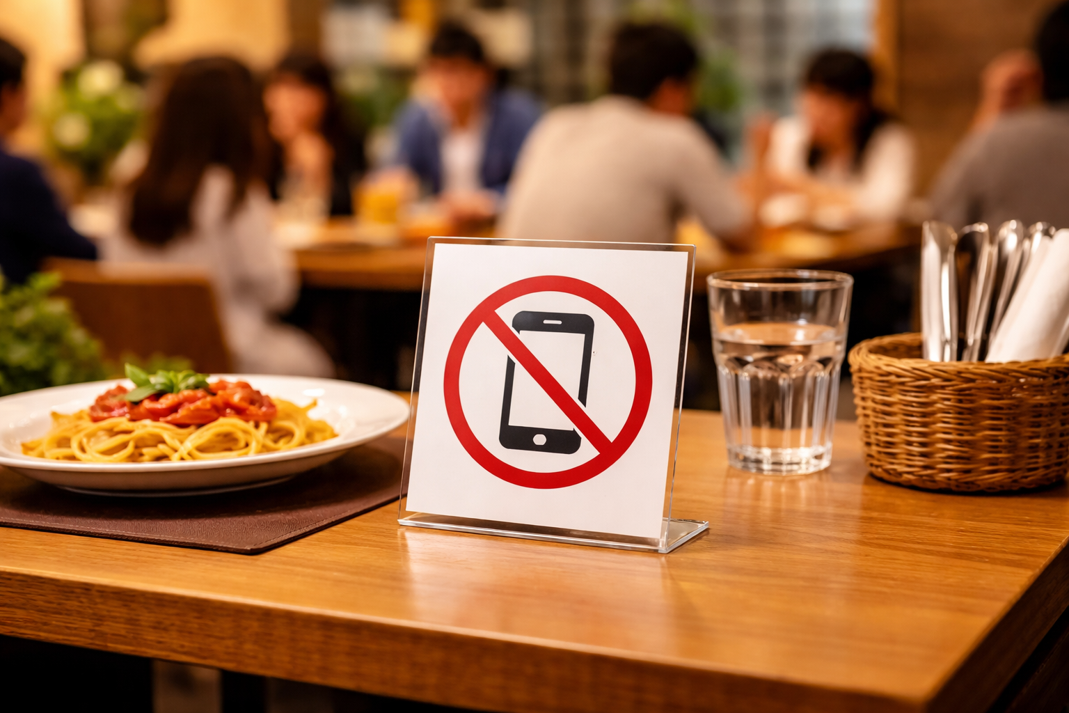 飲食店のテーブルに置かれたスマホ使用禁止の案内と食事風景