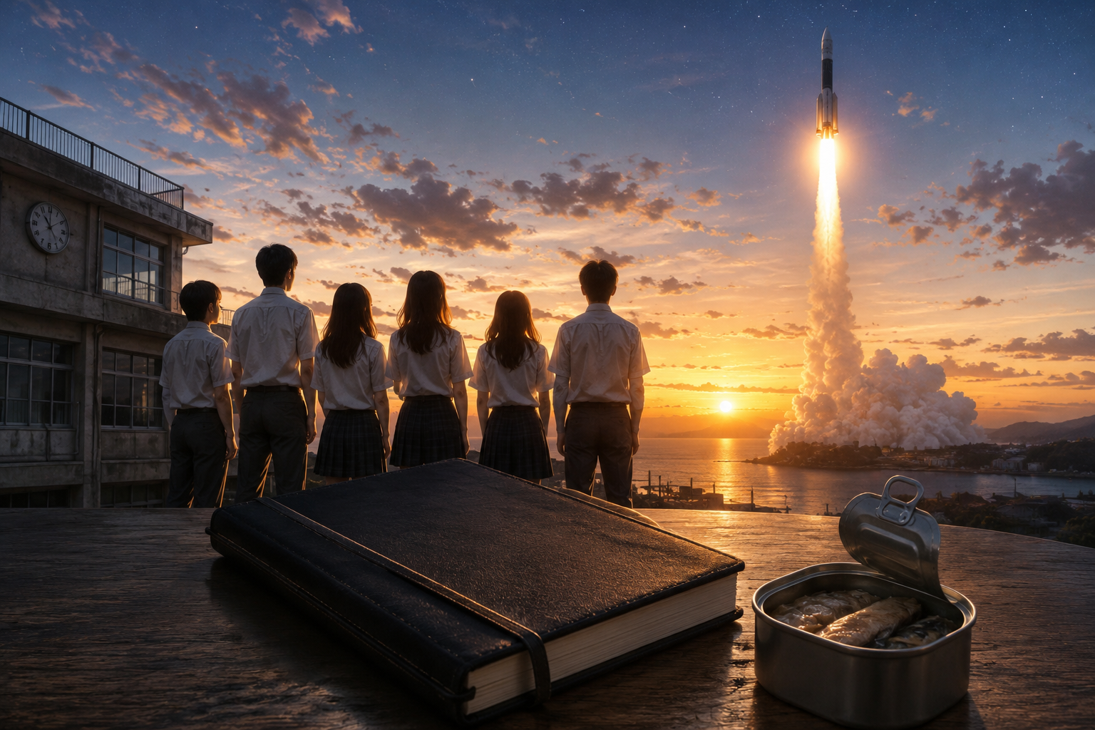 夕焼けの中、ロケットの打ち上げを見つめる高校生たちと黒いノートのイメージ